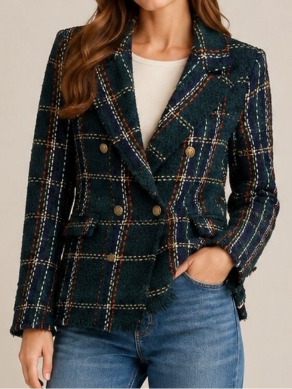Blank NYC Green Tweed Frayed Edge Blazer Double Breasted Jacket NWT Sz XL